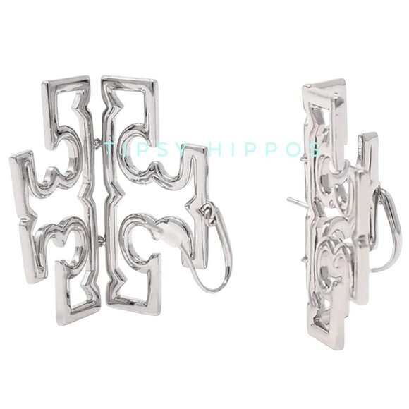 Beautiful Authentic Tory Burch Silver Britten Logo Drop Hoop Earrings - Picture 2 of 6